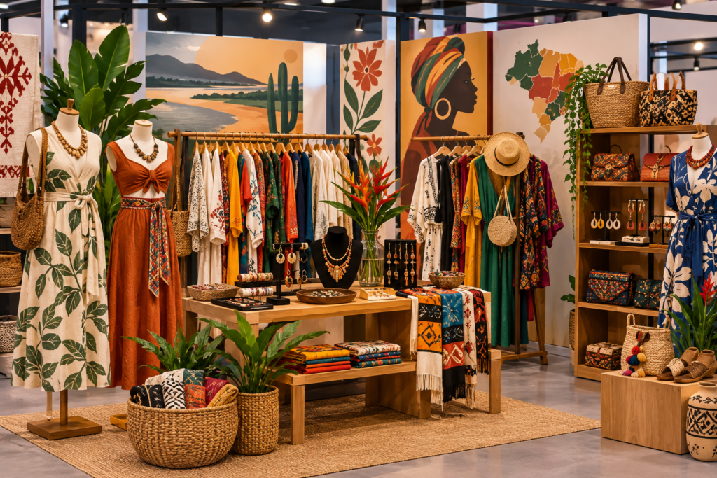 Estande moderno com peças de moda artesanais e autorais expostas, representando diversidade regional e liderança feminina, em estilo editorial ilustrativo horizontal