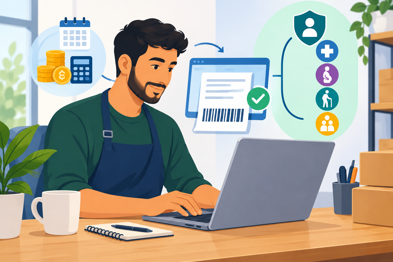 Ilustração de um microempreendedor individual usando computador para emitir boleto do DAS-MEI, com ícones representando impostos e benefícios previdenciários