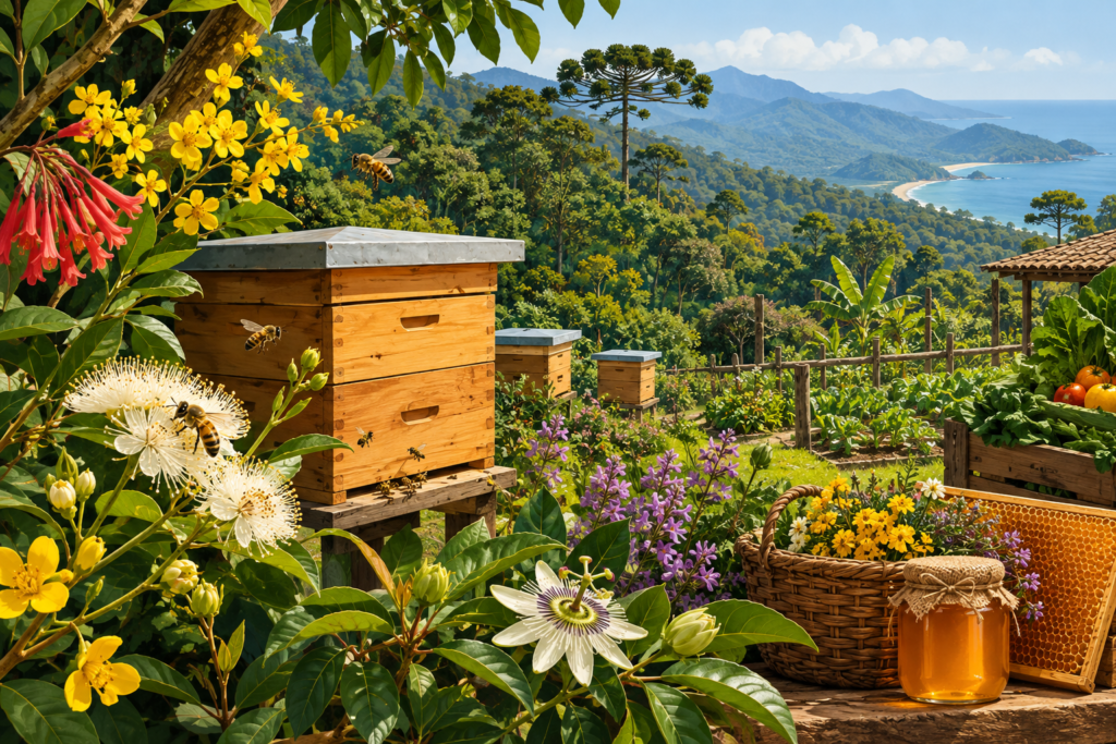 Ilustração horizontal de colmeias cercadas por flores nativas da Mata Atlântica, representando apicultura sustentável e agricultura familiar na região de Capanema