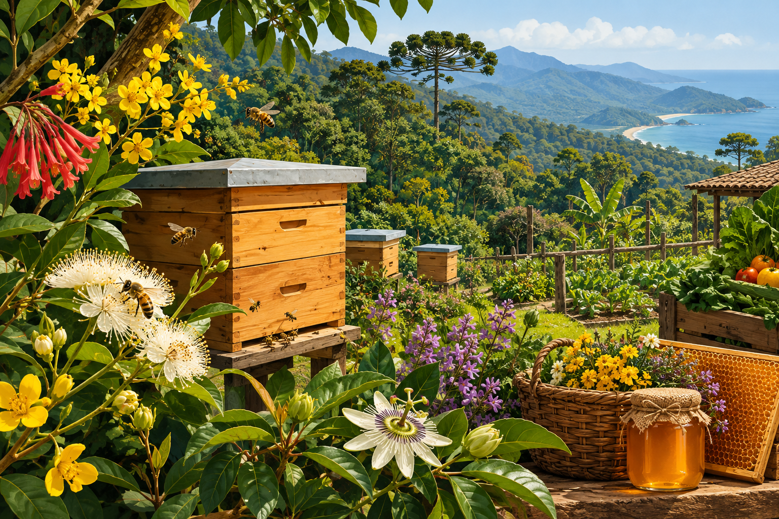 Ilustração horizontal de colmeias cercadas por flores nativas da Mata Atlântica, representando apicultura sustentável e agricultura familiar na região de Capanema
