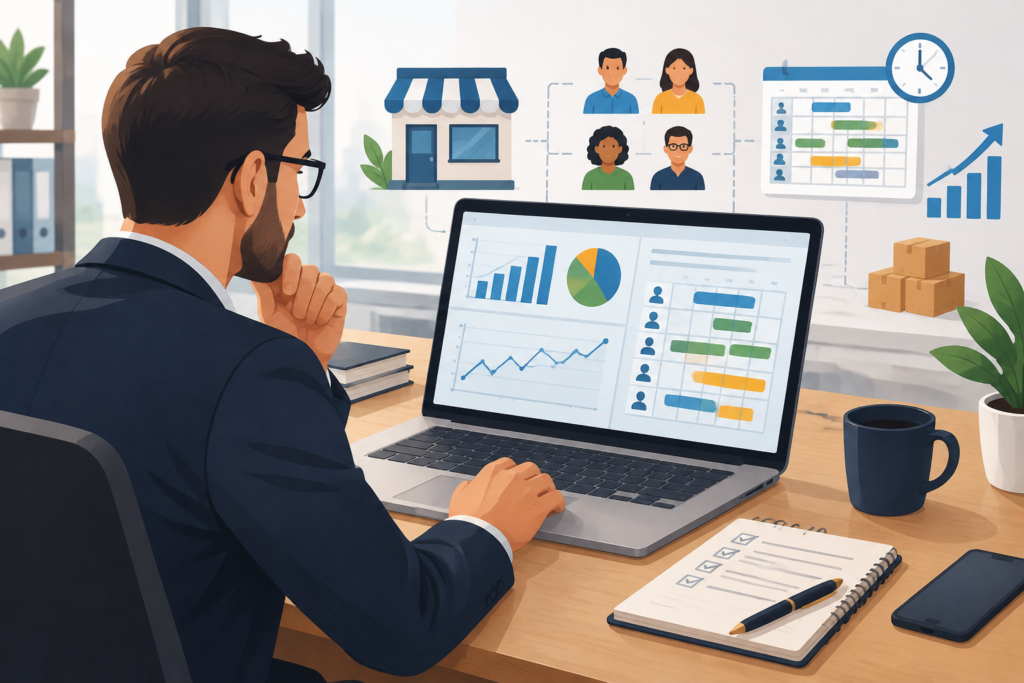 Ilustração editorial horizontal de empresário analisando gráficos e escalas de trabalho em computador, representando planejamento de equipe em pequenas empresas