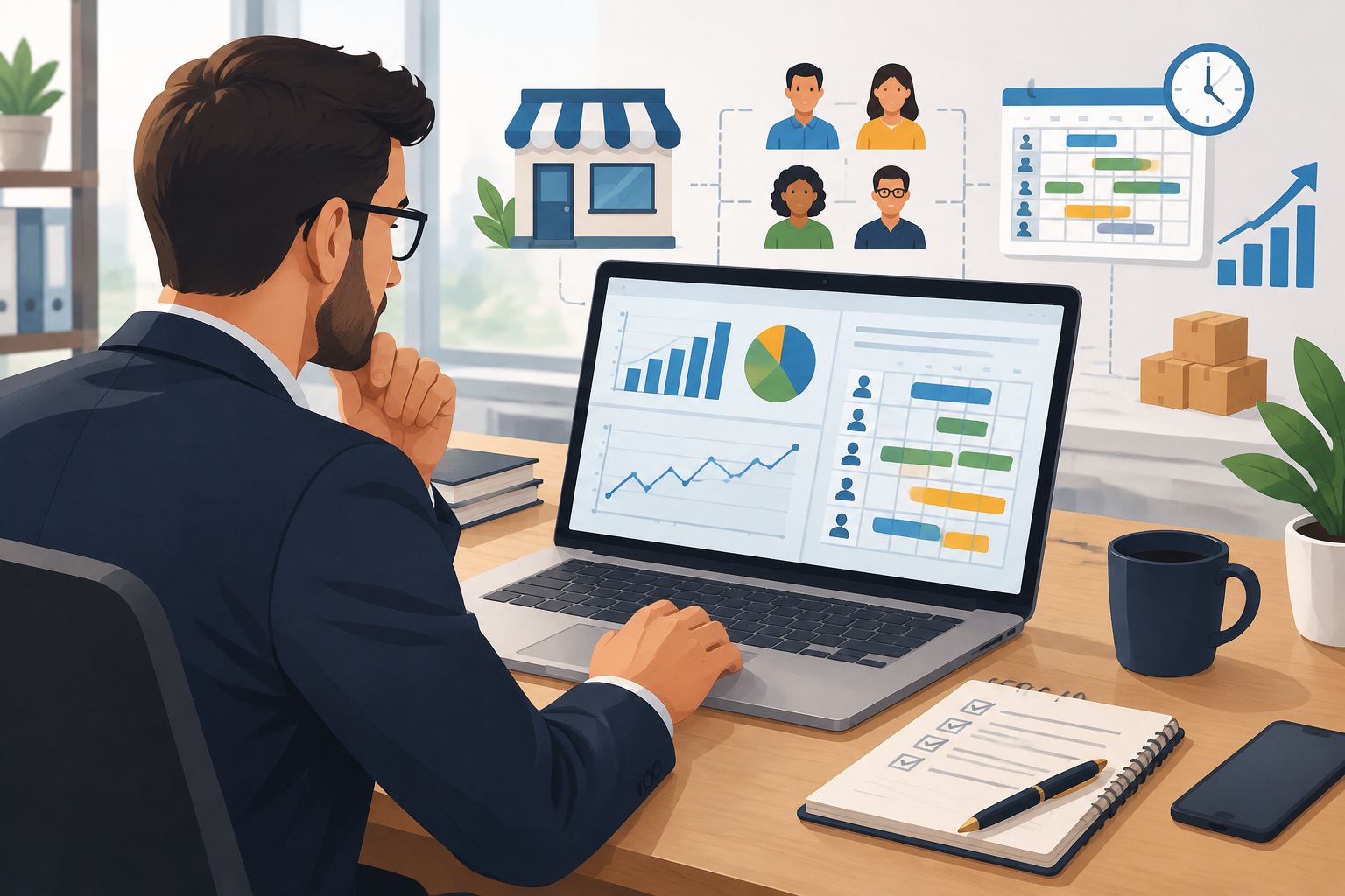Ilustração editorial horizontal de empresário analisando gráficos e escalas de trabalho em computador, representando planejamento de equipe em pequenas empresas