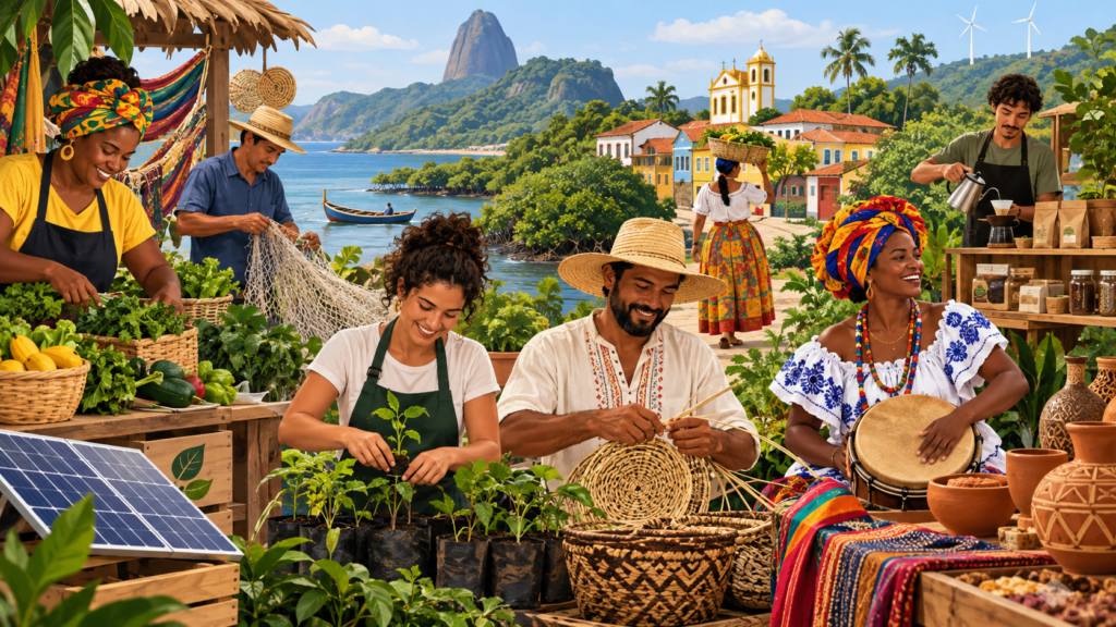 Ilustração editorial horizontal com pequenos empreendedores brasileiros em atividades sustentáveis e culturais, representando economia local e tradições regionais