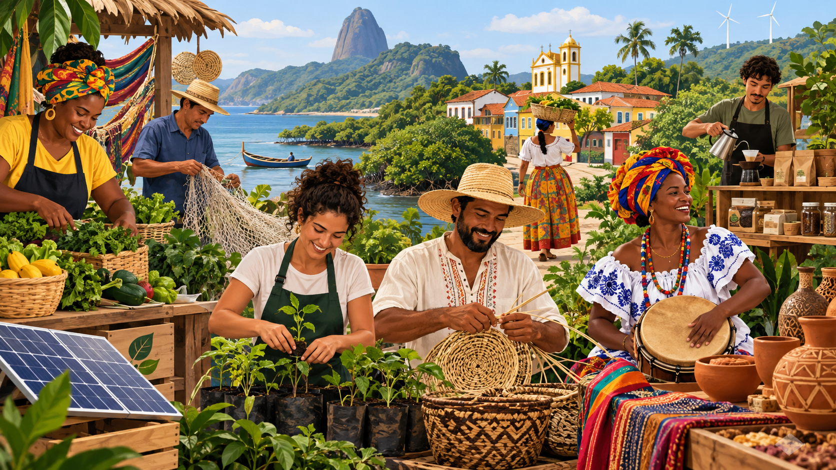 Ilustração editorial horizontal com pequenos empreendedores brasileiros em atividades sustentáveis e culturais, representando economia local e tradições regionais