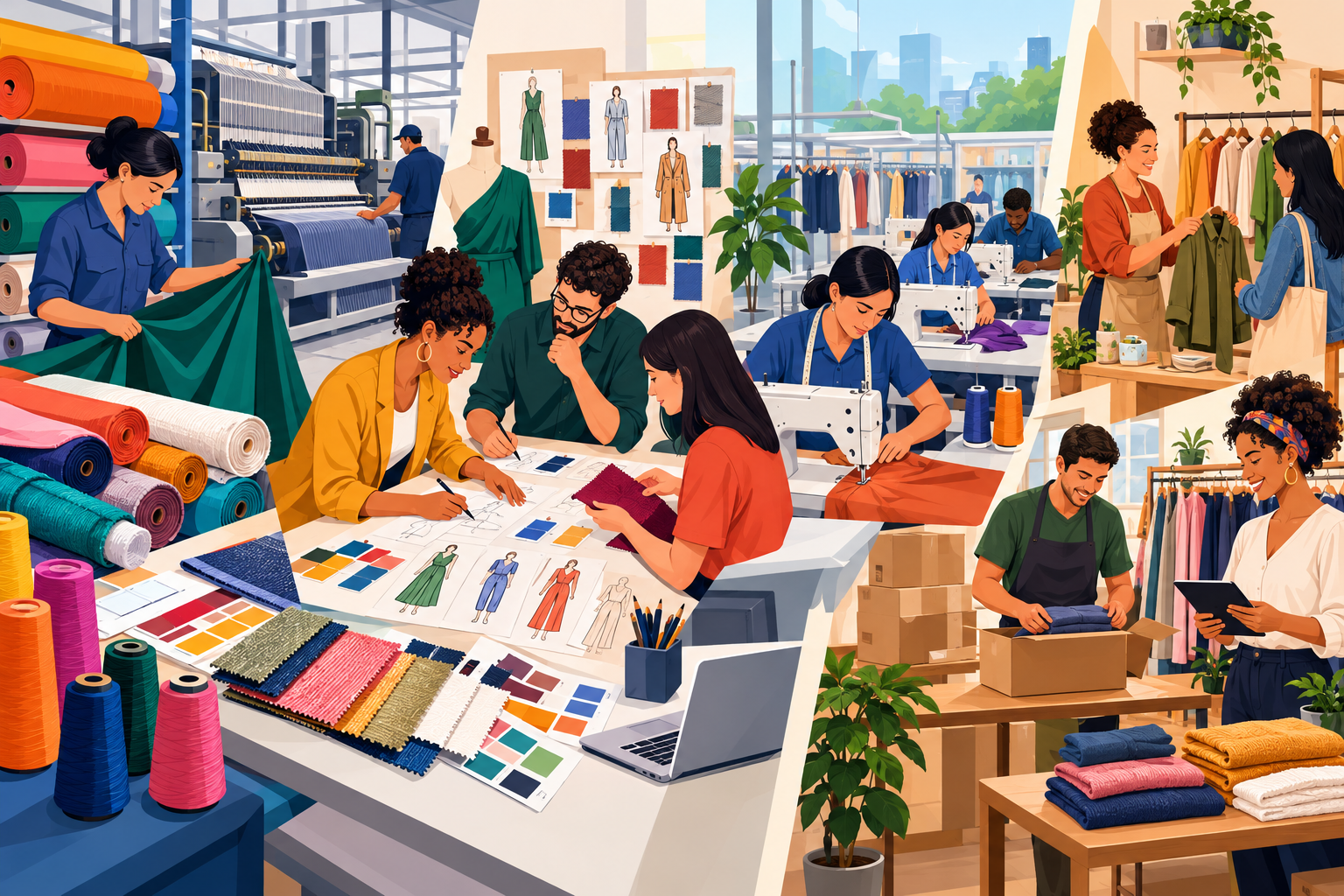 Ilustração editorial horizontal representando a cadeia produtiva da moda com tecidos, máquinas de costura e colaboração entre pequenos negócios