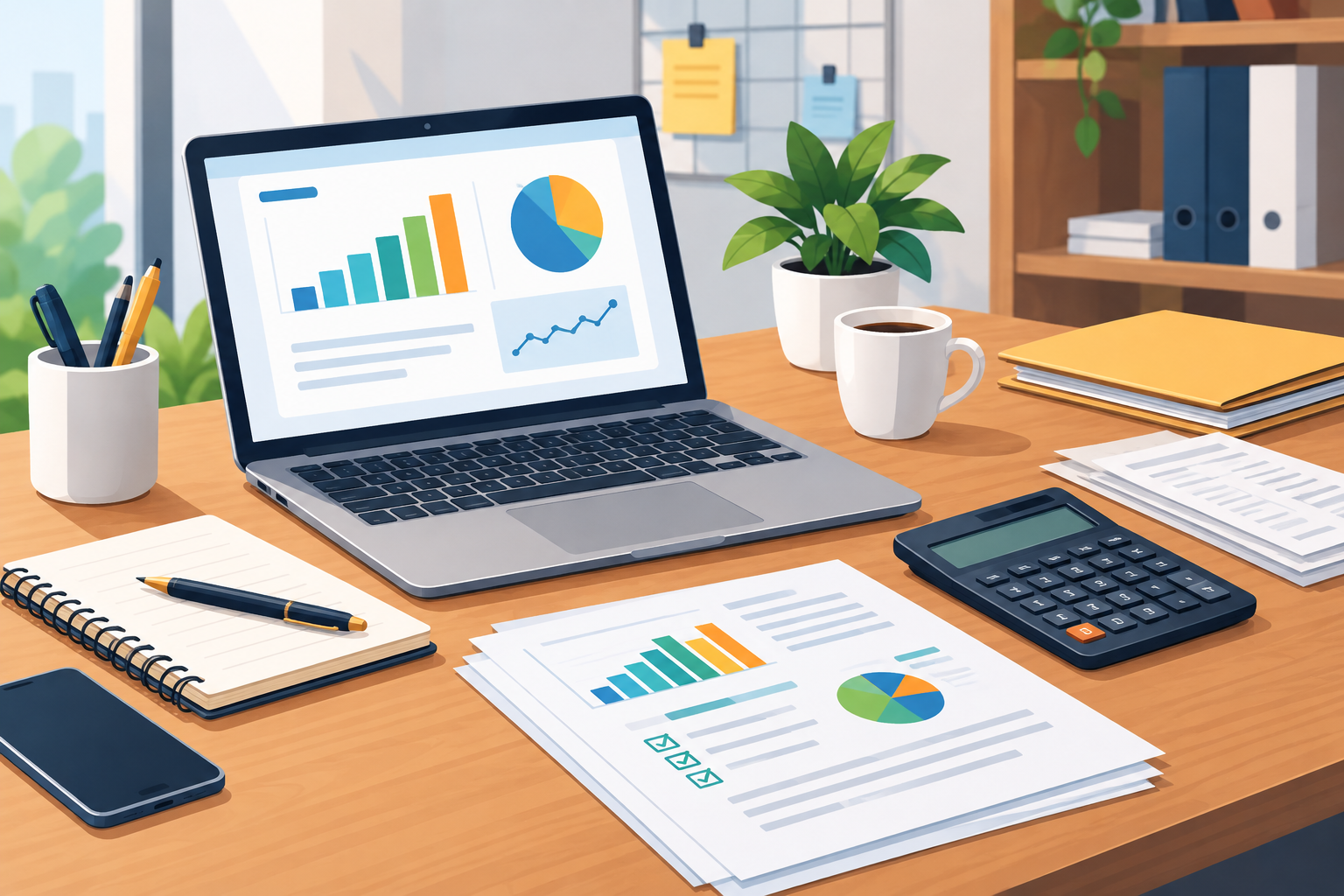 Ilustração editorial horizontal com laptop, documentos, calculadora e gráficos representando o ambiente de trabalho de um microempreendedor