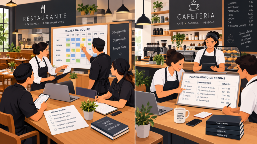 ilustracao editorial horizontal de um pequeno restaurante e cafeteria com equipes planejando escalas e rotinas em ambiente moderno e acolhedor