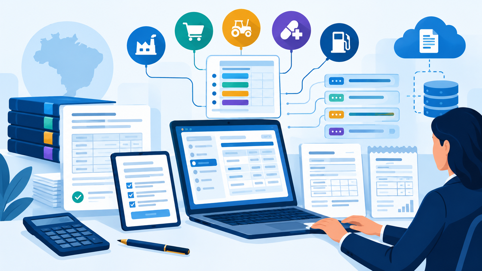 Ilustração editorial horizontal com documentos digitais e gráficos representando códigos e classificações tributárias para serviços