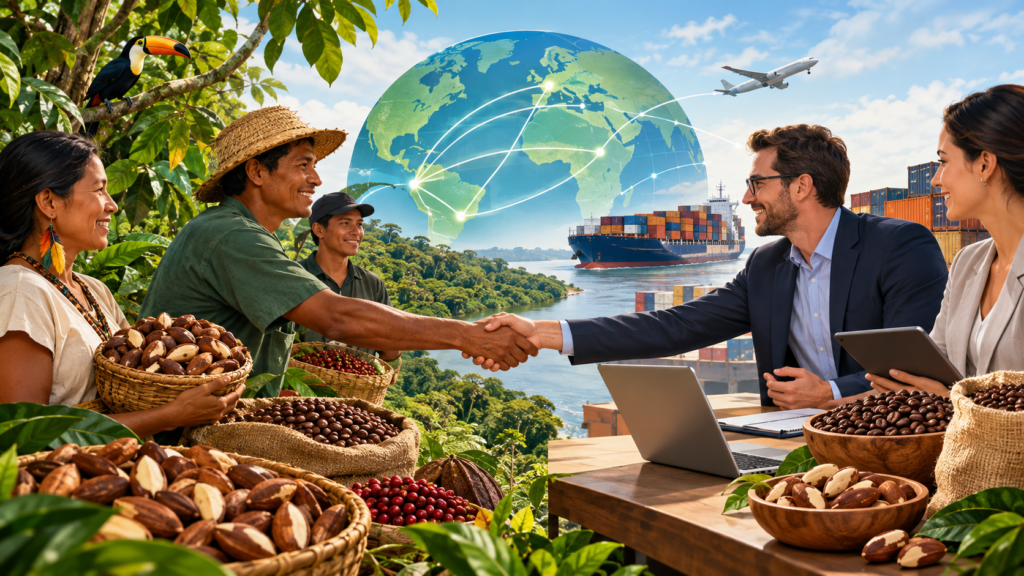 Ilustração editorial horizontal com elementos da floresta amazônica, produtos naturais como castanhas e café, e símbolos que representam comércio internacional